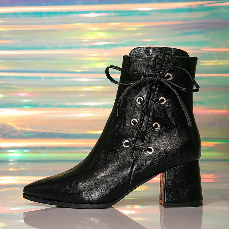 Fashion Liyke New Fashion Cross Lace Up Ankle Boots For Woman Vintage Pointed Toe Low Thick Heels Chelsea Shoe Women Booties Black Brown