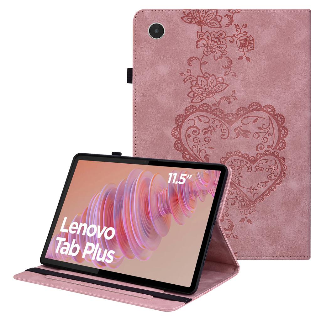 For Lenovo Tab Plus Leather Case Heart Imprint Foldable Stand Card Slot Stylus Holder Tablet Cover