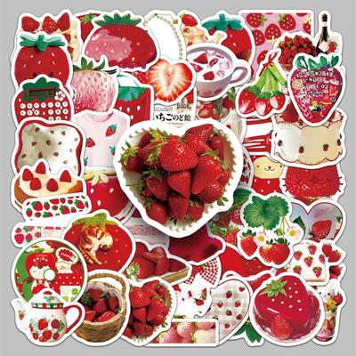 50 Girly Strawberry Heart Stickers for Journal & Tea Cup Decoration - Sweet Fruit Mochi Style