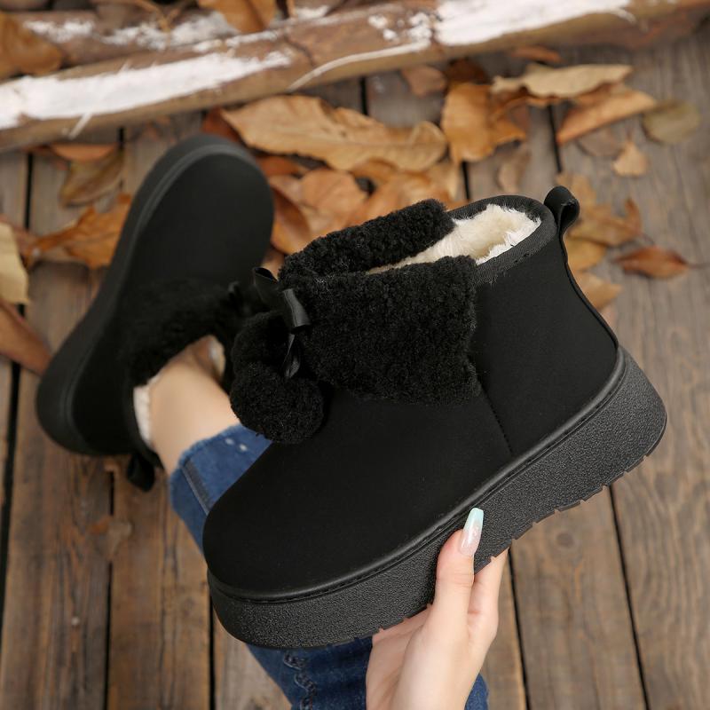 Soft Thick Bottom Furry Snow Boots Women 2025 Winter Chunky Platform Fluffy Fur Ankle Boots Cute Plush Ball Bowknot Cotton Shoes