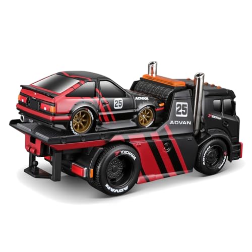 Maisto 1/64 Scale Muscle Machines Muscle Transporter Diecast Model Car (JDM Flatbed/1983 Toyota Trueno Sprinter - Black/Red 11557)