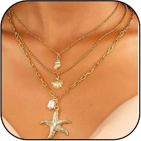 Dcfywl731 Starfish Seashell Necklace for Women Shell Pendant Accessories Chunky Gold Beach Jewelry Womens Fashion Accessories Summer Outfits for