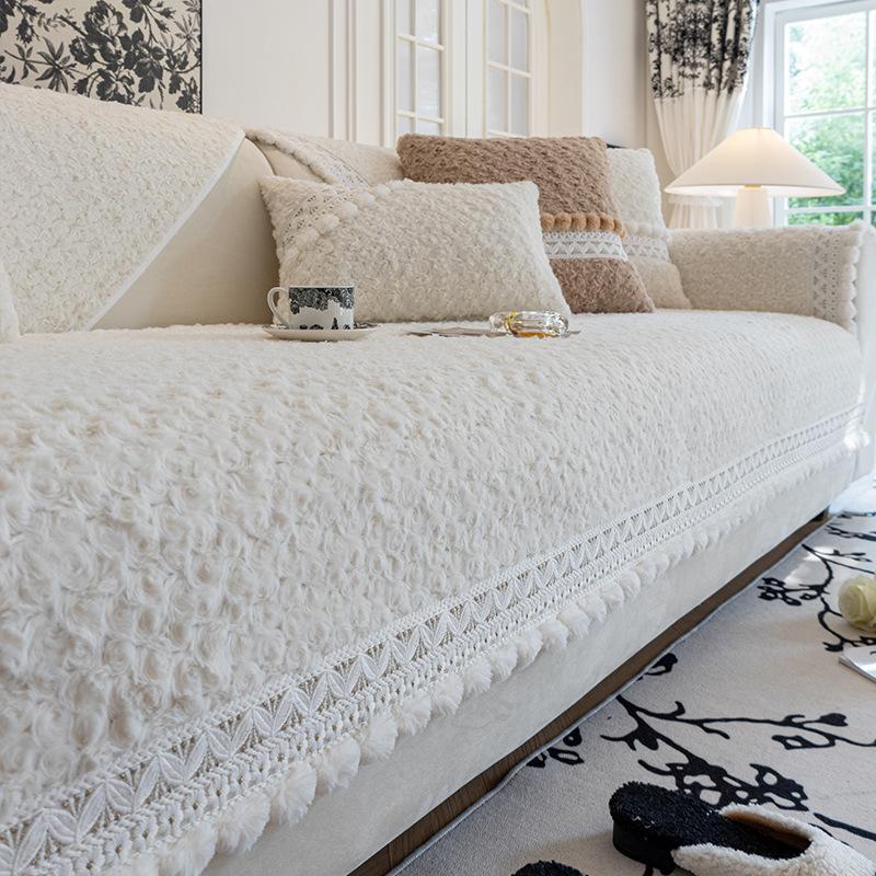 Cream Wind Sofa Cushion, Thickened Non-Slip Seat Cushion In Winter, Advanced Feeling Imitation Rabbit Plush Sofa Cover Cover Cloth Seat Cushion