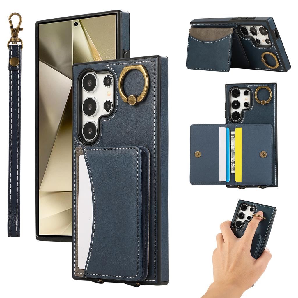For Samsung Galaxy S24 Ultra PU Leather Back Case Card Holder Kickstand Phone Cover with Wrist Strap