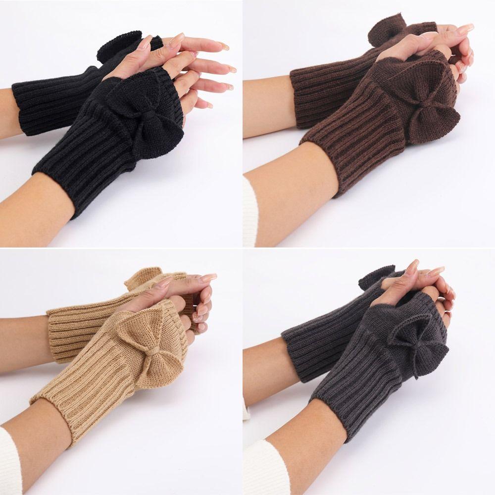 Thick Warm Bowknot Knitted Gloves Soft Half Finger Gloves Cute Arm Warmers  Women Girls