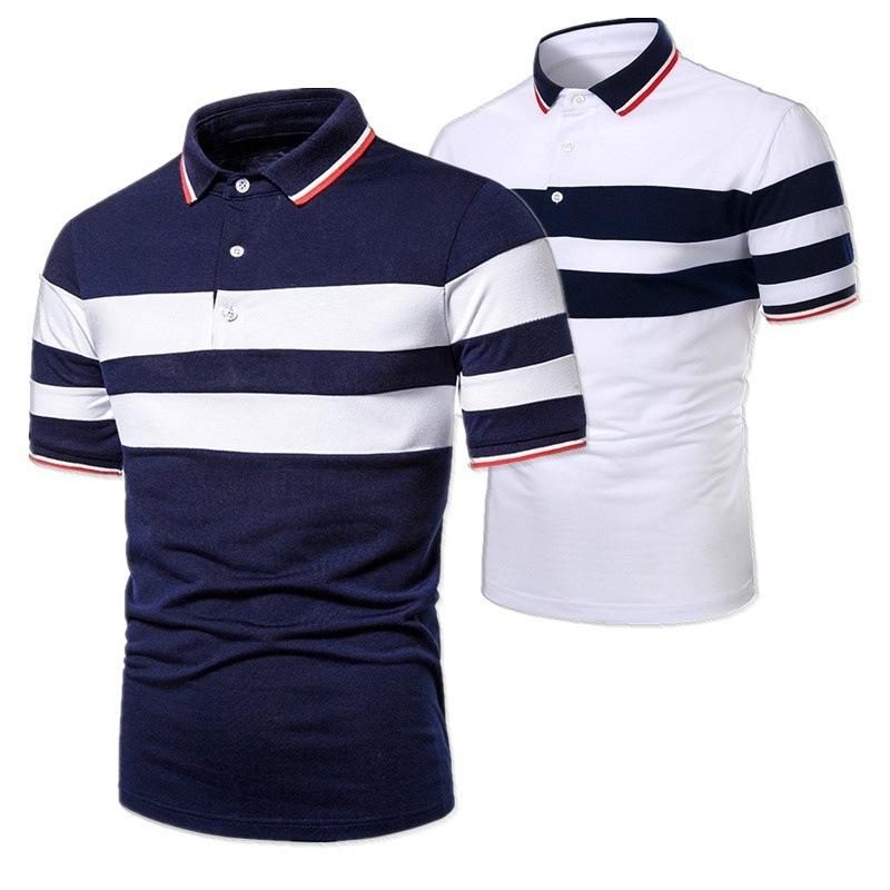 Men Short Sleeve Striped Polo Shirt Casual Slim Fit Collar Business Tops