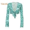 3 Pcs/Set Women Stage Performance Suit V Neck Lace-up Long Sleeves Cropped Top High Waist Flared Hem Trousers Printed Headband Retro Disco Party