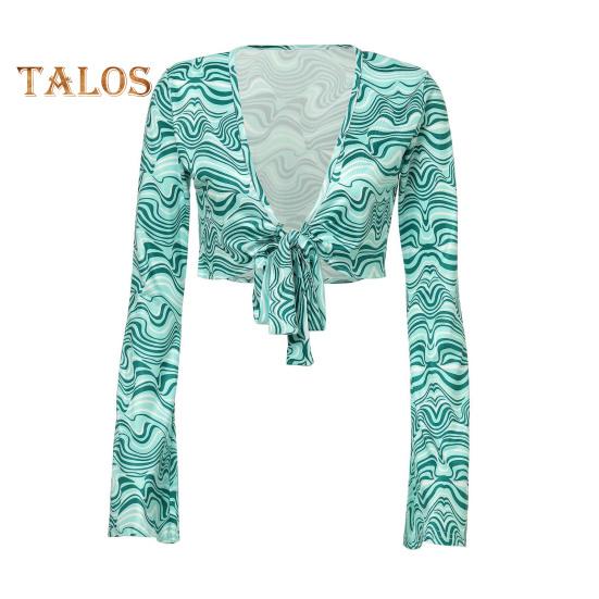 3 Pcs/Set Women Stage Performance Suit V Neck Lace-up Long Sleeves Cropped Top High Waist Flared Hem Trousers Printed Headband Retro Disco Party