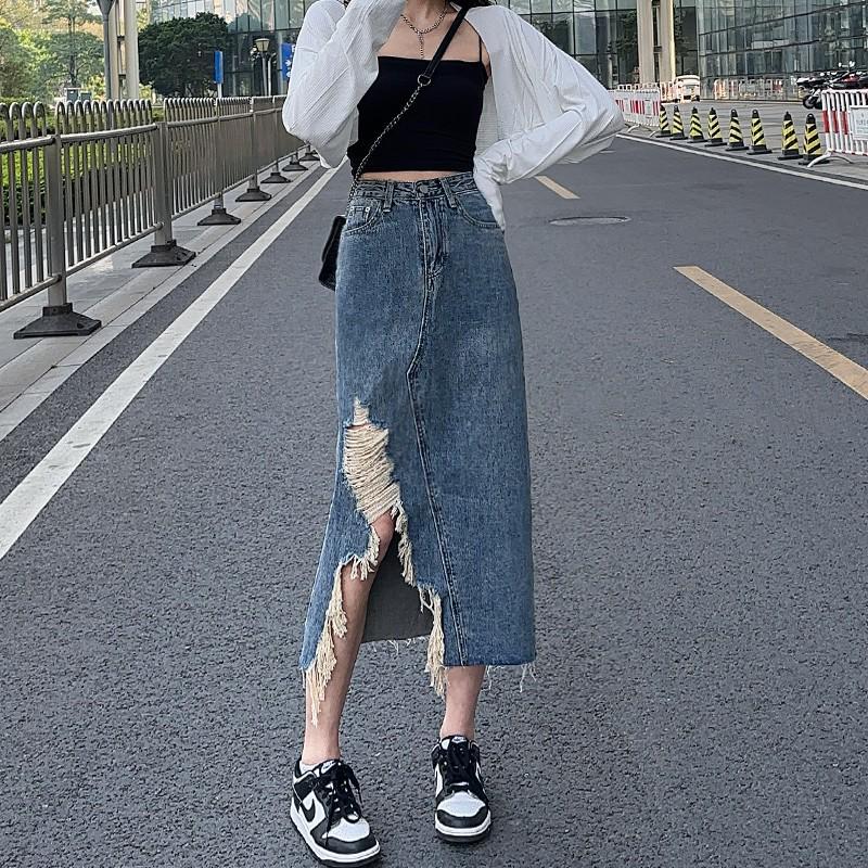 

Women s Irregular Mid-Length A-Line Denim Skirt - Retro Ripped Design, Slimming Fit L [52.5-57.5 kg]
