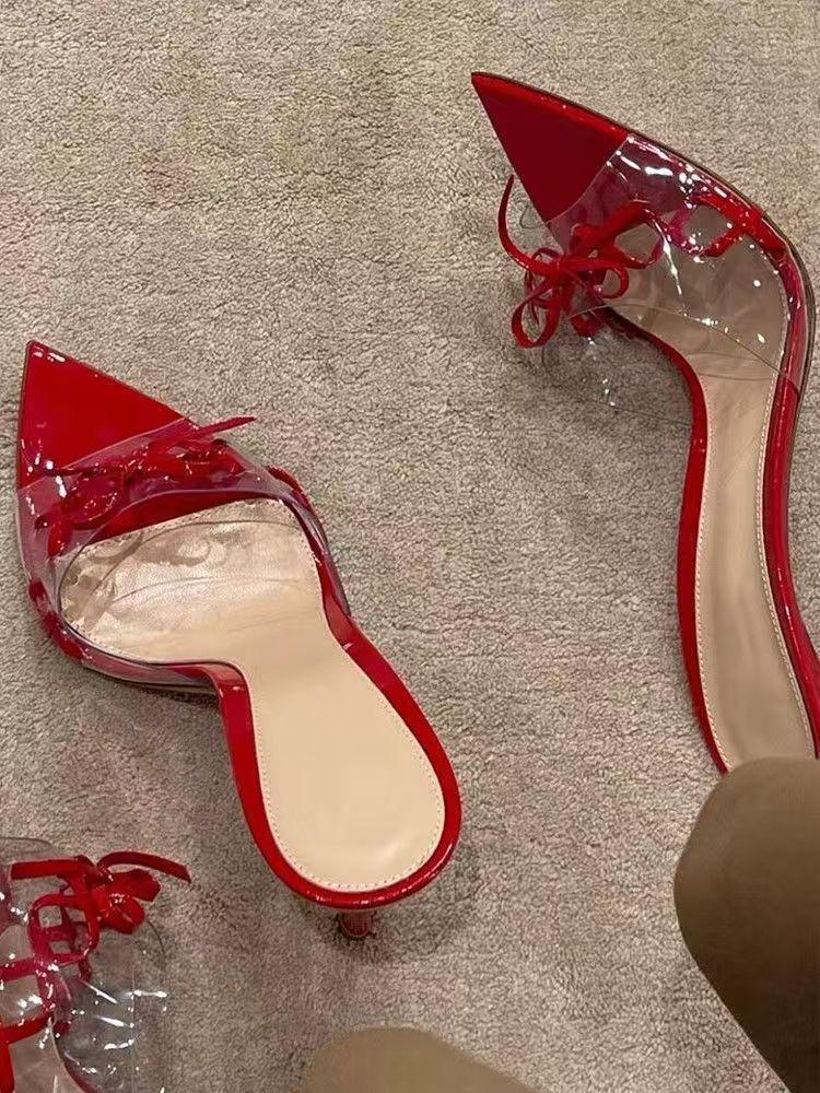 Fashion Red Patent Leather Mules Women PVC Bow Pointed Toe Slender Stiletto Heel Lace Up Super High Heel Party Dress Slippers