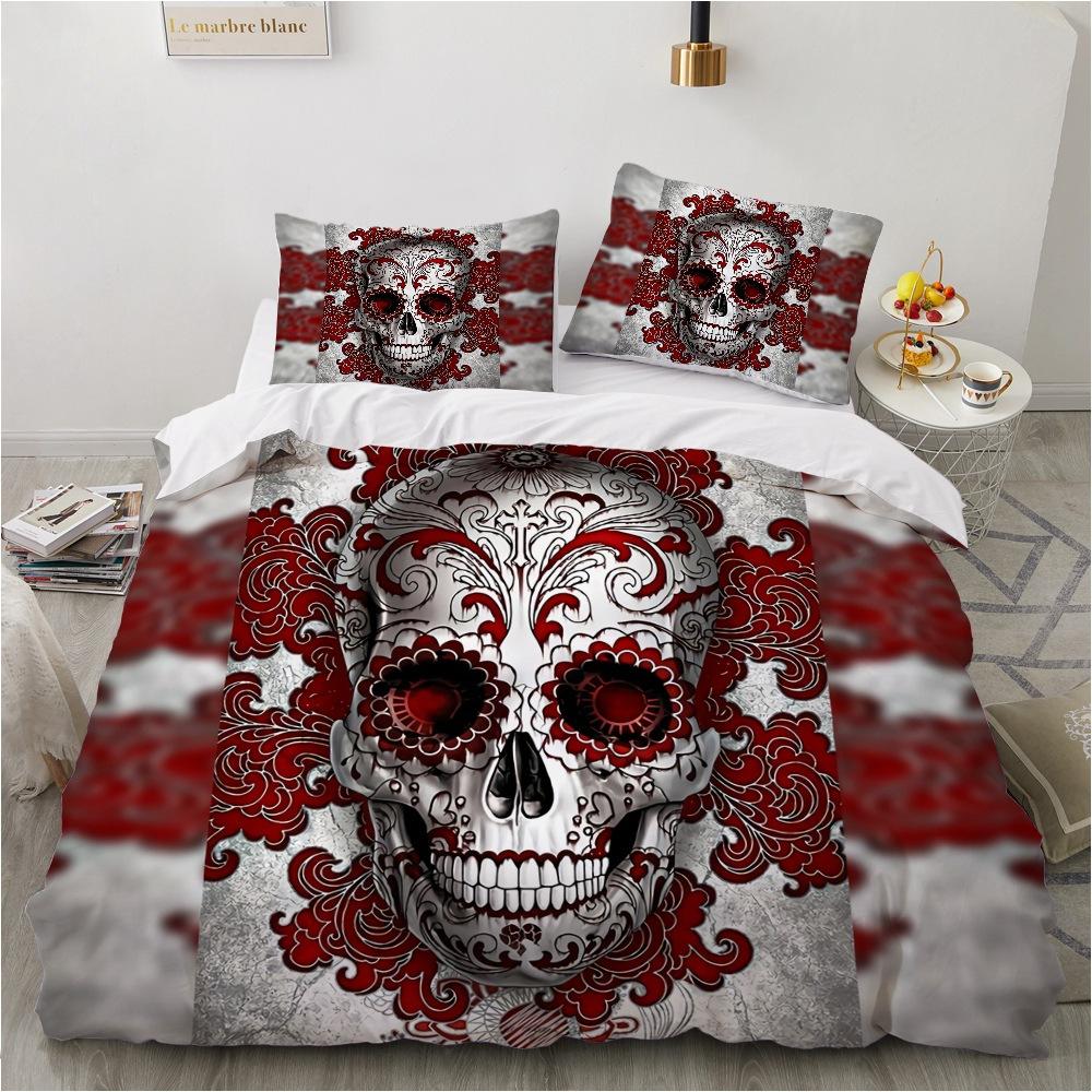 Halloween Sugar Skull Bedding Set Comforter Cover With Pillowcases 3D Print King Size Duvet Cover For Terror Rose Bone Grey