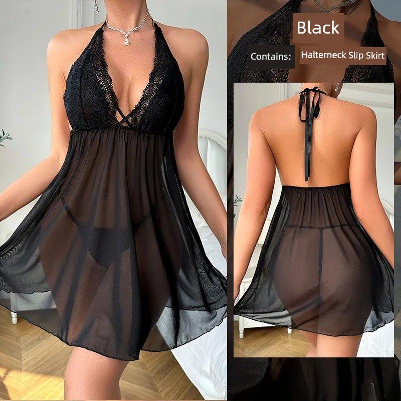 

2025 New Arrival Sexy Thin Mesh Nightdress/Open Back Deep V Halterneck Suspender Skirt/Perspective Sexy Date Skirt Black L
