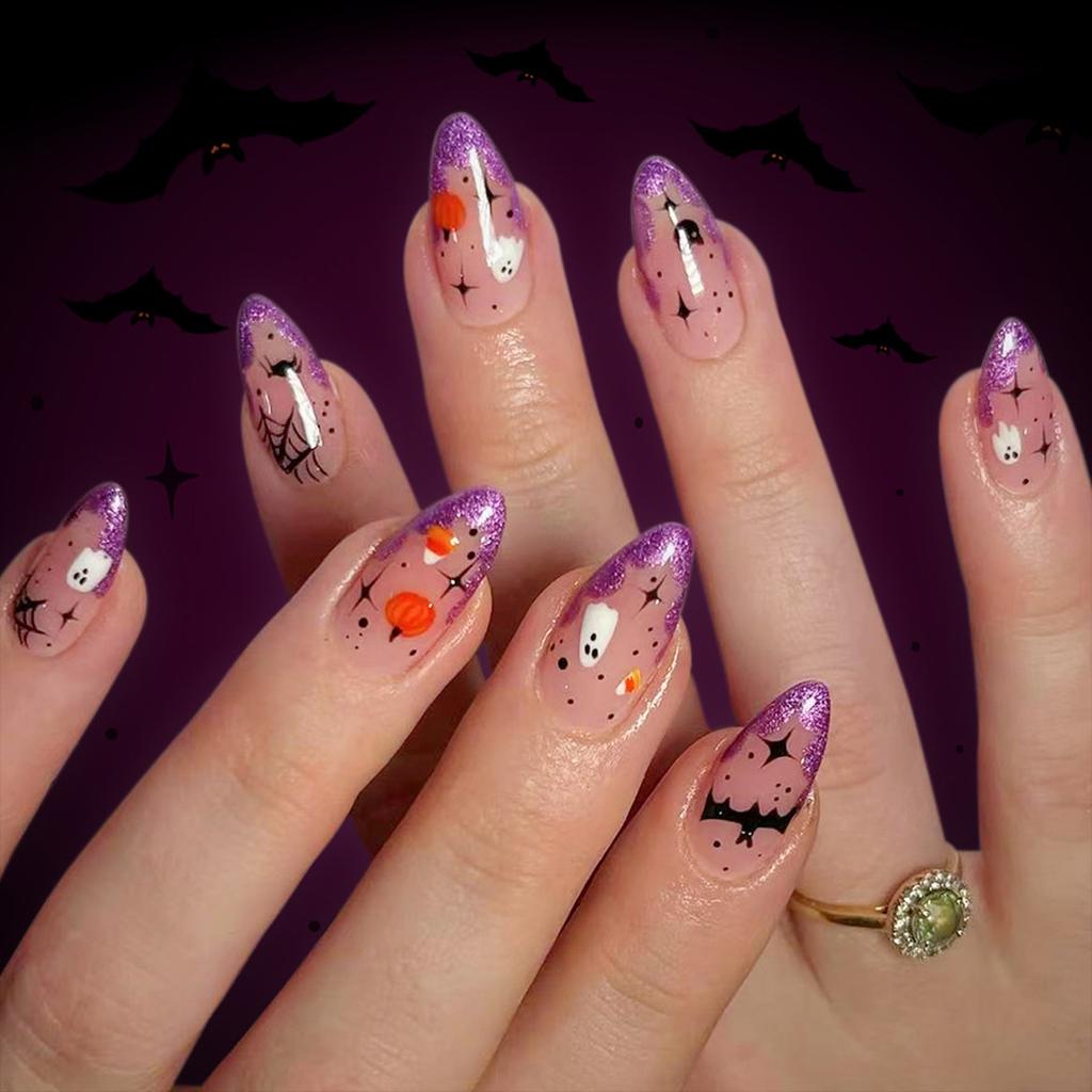 Halloween Aufpressnägel Mandelform Falsche Nägel Acrylnägel Spinnennetz Falsche Nägel Aufklebenagel Vollabdeckung Falscher Nagel