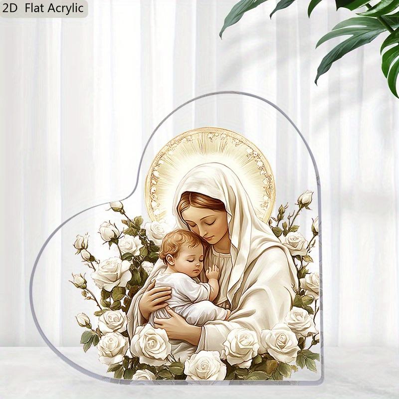 Christmas Religious Gift, Nativity Flower of The Virgin Mary Pattern Heart Acrylic Plaque Sign, Home Office Decoration, Birthday Gift, Nurseries, Hom