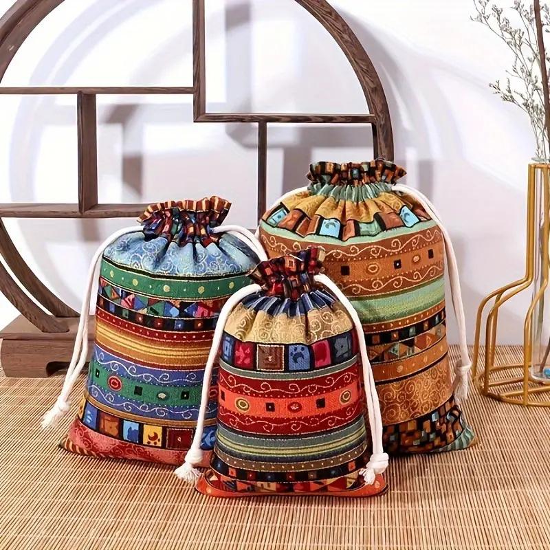 1/10PCS Ethnic Style for Weddings Christmas Stripe Buddhist Beads Sorting Bag Drawstring Pocket Bag Bohemian Jewelry Bag Cotton