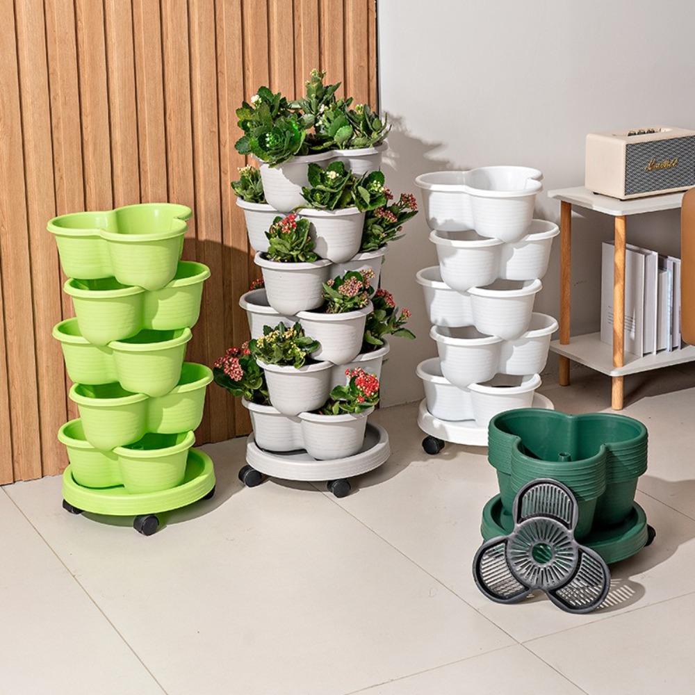 Vertikaler Turm Stapelbarer Blumentopf Mehrschichtiger Plastik-Blumentopf mit Beweglichen Rollen Erdbeer-Pflanzturm