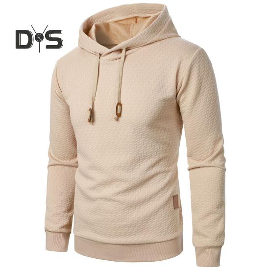 Men Fall Winter Hoodie Solid Color Drawstring Long Sleeves Jacquard Design Hooded Elastic Cuff And Hem Thin Daily Wear Casual Sport Top