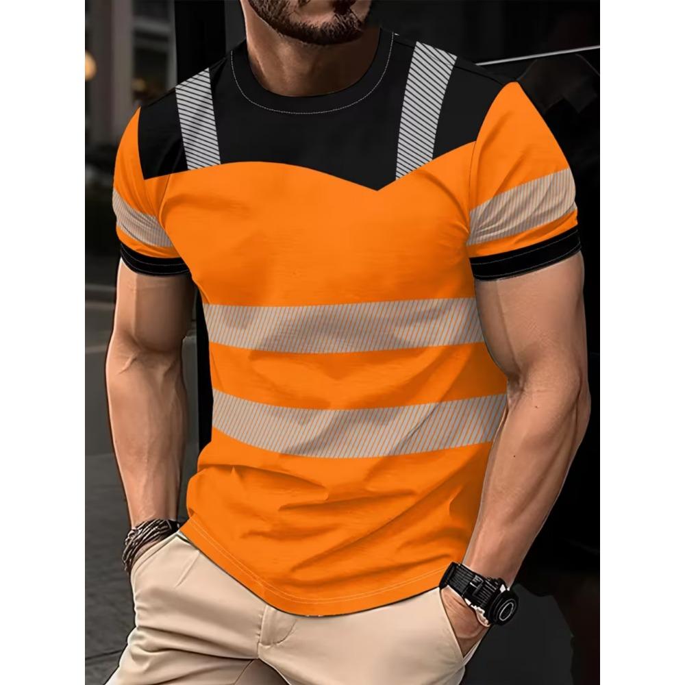 Men's 3D Printed New Safety Sign Color-Block Design Short Sleeve Fashionable Summer Casual