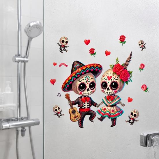 Waterproof Skeleton Art for Windows Halloween Cartoon Couple Window Stickers, PVC Day of The Dead Static Decals, Traditional Removable
