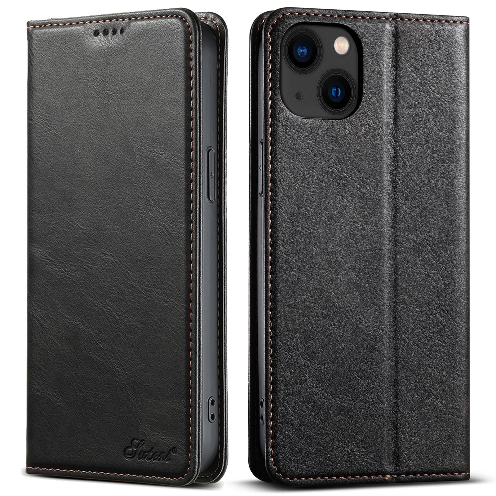 

SUTENI J02 Series для iPhone 15 Магнітний чохол Воскова текстура Шкіра PU+TPU Чохол-підставка для телефону Black