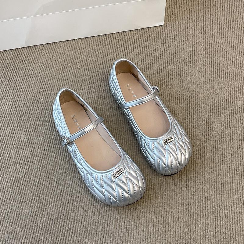 

Flat-soled single shoes women s spring and autumn new retro round head Mary Jane 42 серебряный