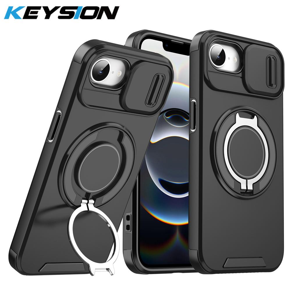 KEYSION 360° Rotating Ring Stand Phone Case for iPhone 17e 16e Slide Camera Protection Magnetic Shockproof Cover for iPhone 17e for iPhone 17e чёрный