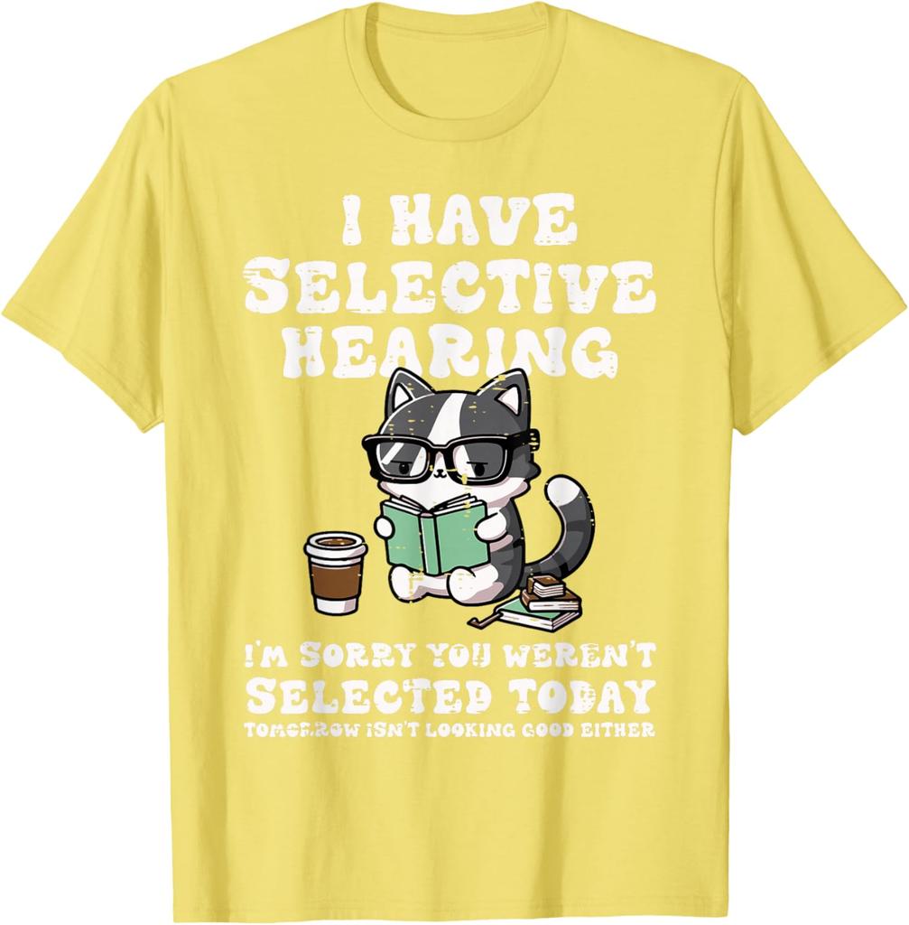 Funny Selective Hearing Cat Reading Graphic Tee Casual Cotton Short Sleeve TShirt for Men
