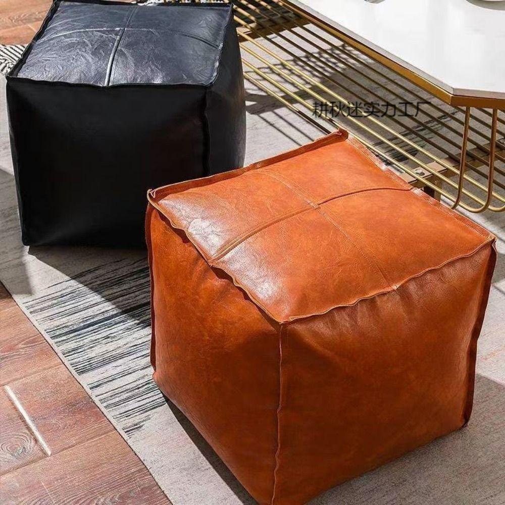 Waterproof PU Leather Ottoman Large Capacity Moroccan Pouf Unstuffed Cushion Cover  Tatami