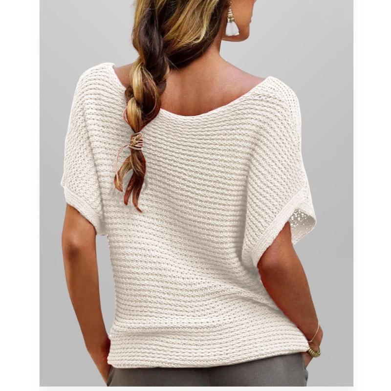 Fashion Casual Crew Neck Solid Color Knitted Sweater Loose Short Sleeve Women's Top