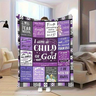 Christian Scripture Patchwork Fleece Blanket "I Am a Child of God" Religious Throw Blanket Cozy for Spiritual Home Decor & Gift
