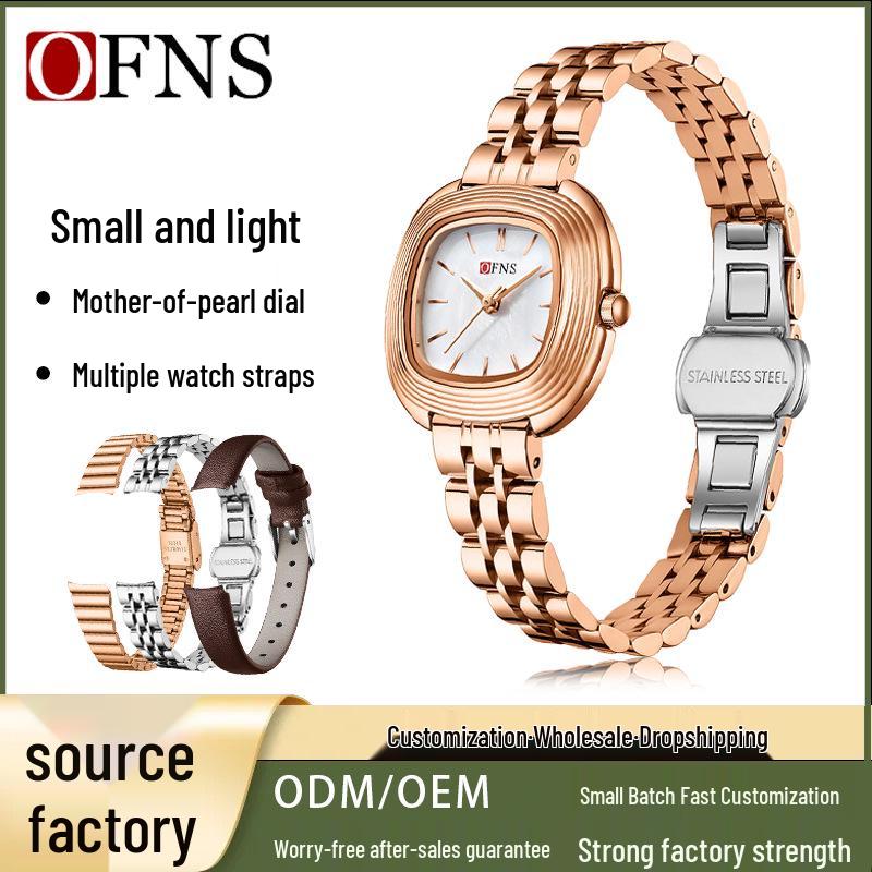 OFNS Women's Fashionable Lightweight Waterproof Quartz Watch with Small Leather Strap and Square Dial