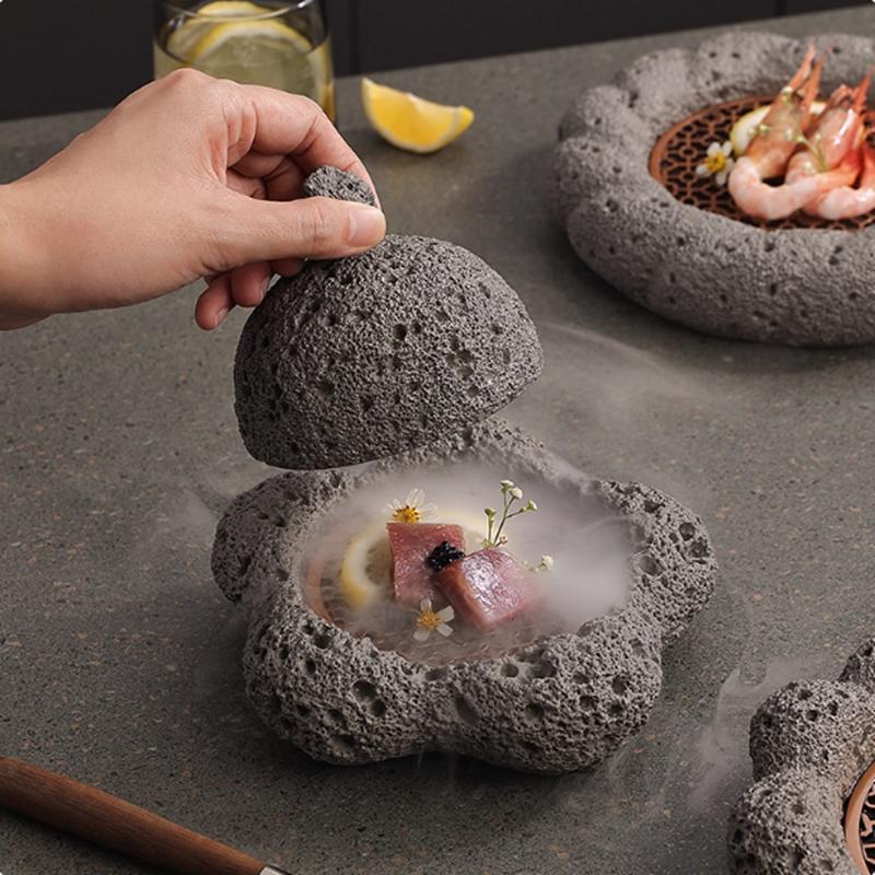 Creative Black Volcanic Stone Art Tableware, Dry Ice Sushi Plate, Cold Plate, Unique Cement Honeycomb Coal Spherical Plate