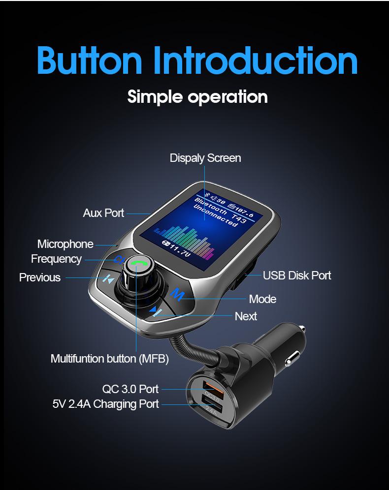 Bluetooth Music Player Car Adapter USB 3.0 Fast Charger Music FM Transmitter
