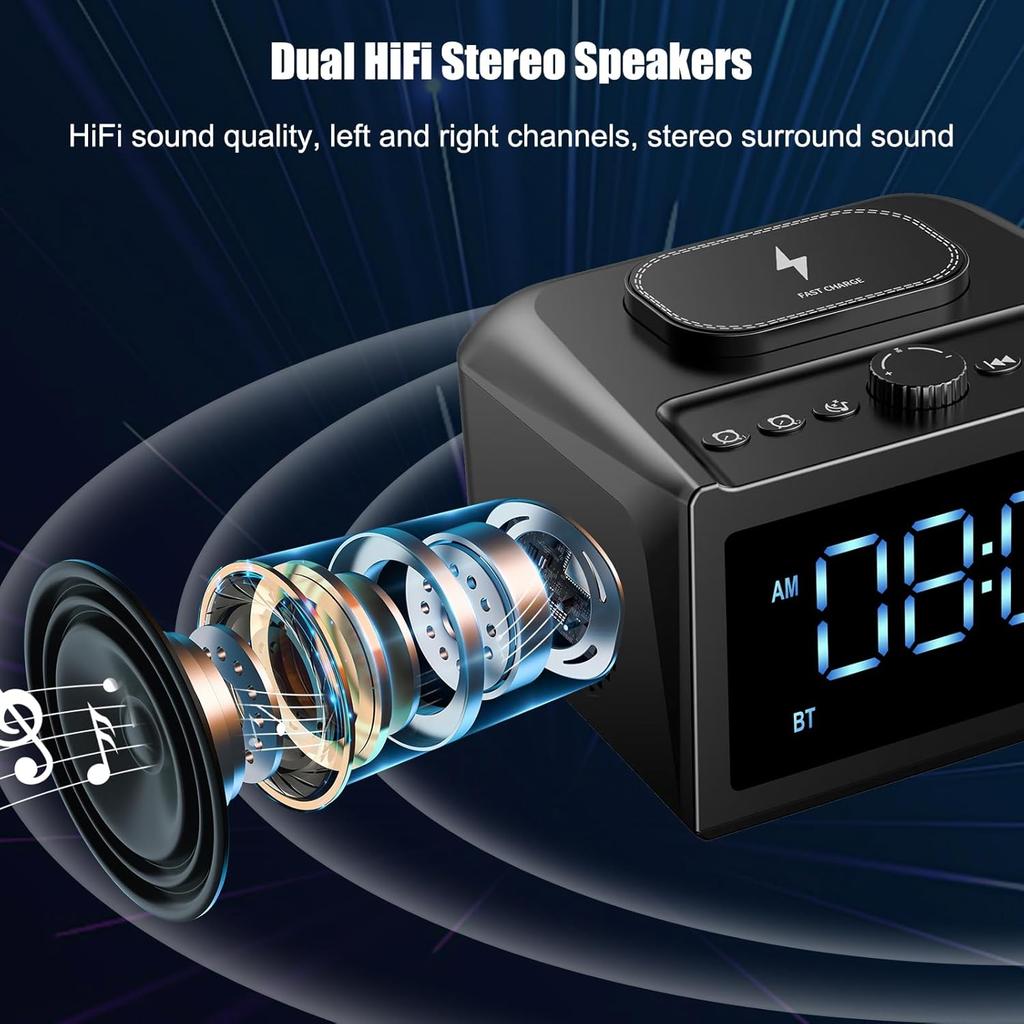 Alarm Clock for Bedroom, Digital Clock FM Radio with 15W Wireless Charging, 10W Loud Stereo Bluetooth Speaker with AUX TF USB Input, 6 Sleep White