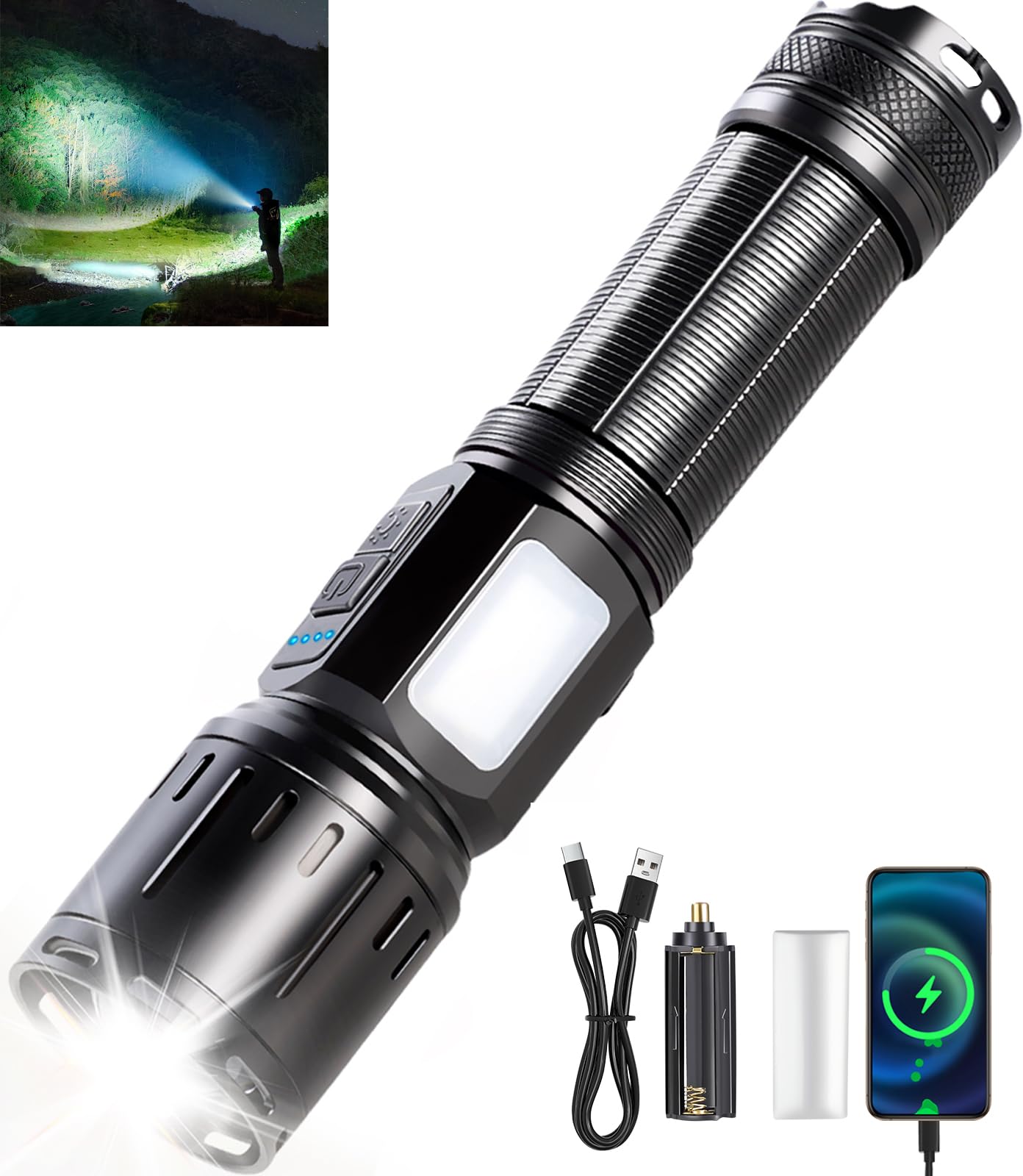 

Sugarman Rechargeable 6000mAh Lumens COB Work Zoom 7 Dimming IP65 Battery Level Handheld Flashlight for Night Outdoor Disaster Power and Flashlight, чёрный