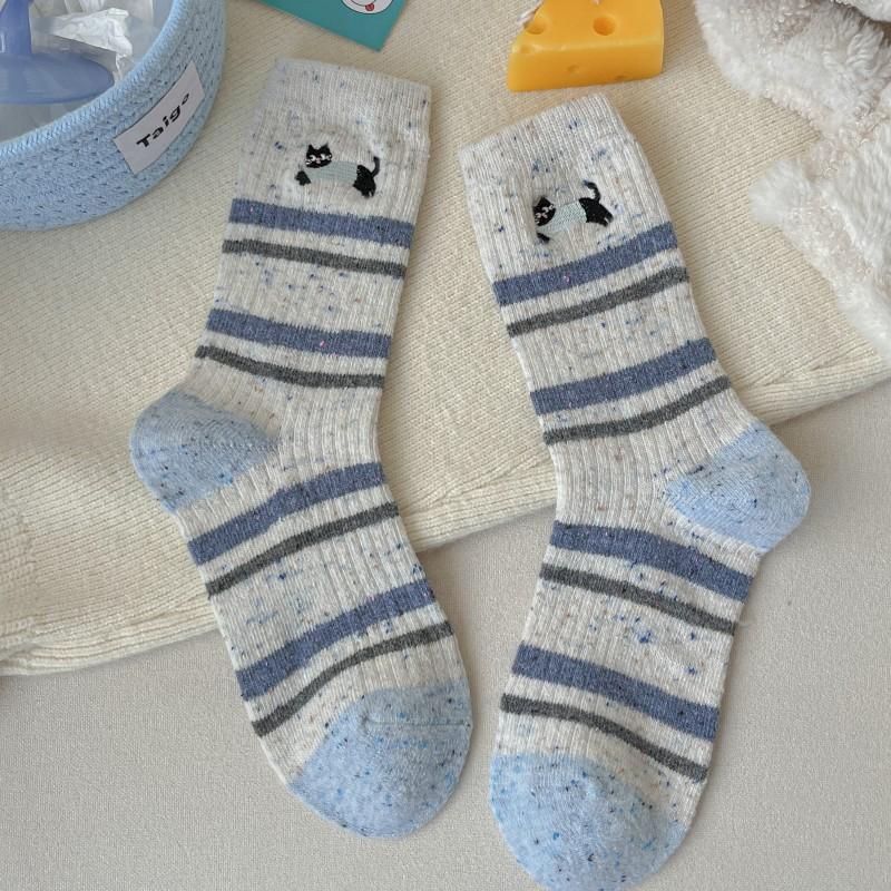 Gray-Blue Wool Socks Children'S Warm Ideas Yarn Twist Medium Tube Socks Fleece Thickened Winter Confinement Socks