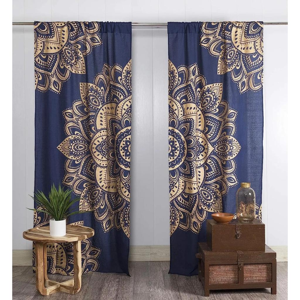 3D Print Black and Gold Hippy Mandala Curtain 2 Pieces Free Shipping Thin Curtains Room Bohemian Decoration Bedroom Living Room