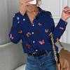 Damen Bluse Modisch Bedrucktes Langarmshirt Schmetterling Bedrucktes Reversshirt