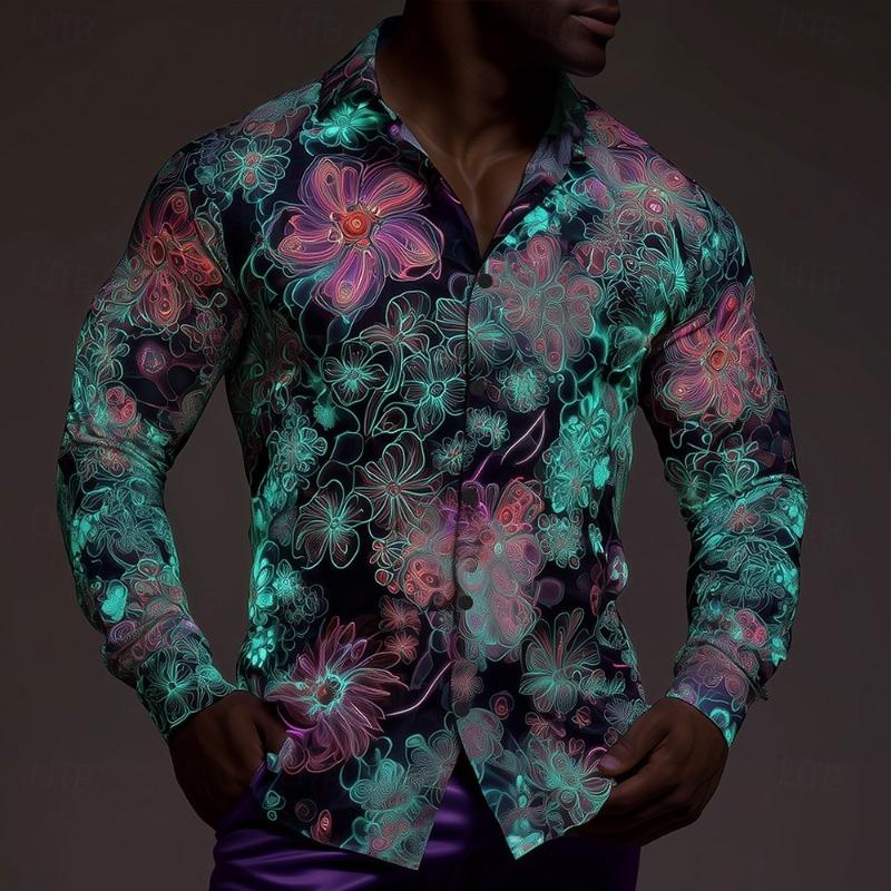Men's Floral Print Neon Flowers Shirt Button Up Shirt Casual Dress Shirt Long Sleeve Streetwear Turndown 3D Print Collared Shirt