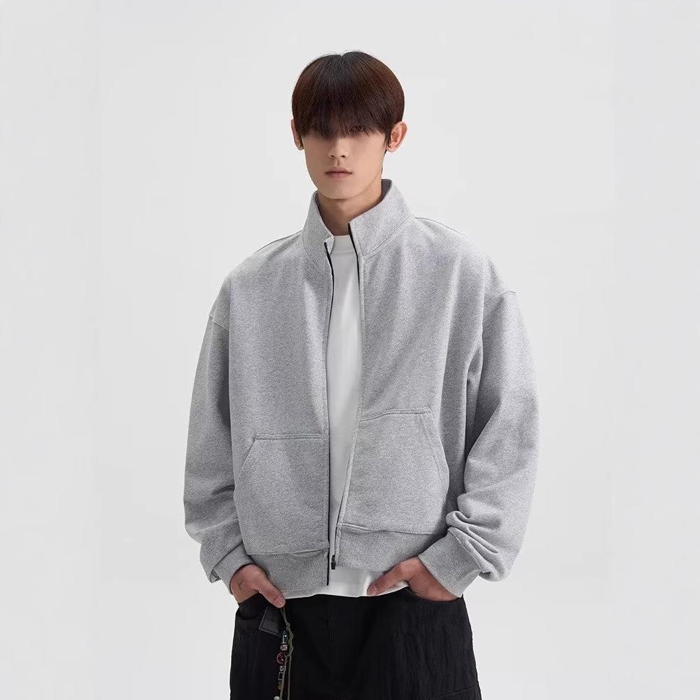 

Мужская однотонная толстовка с капюшоном на молнии со стойкой - модная свободная посадка для весны и осени XL светло-серый