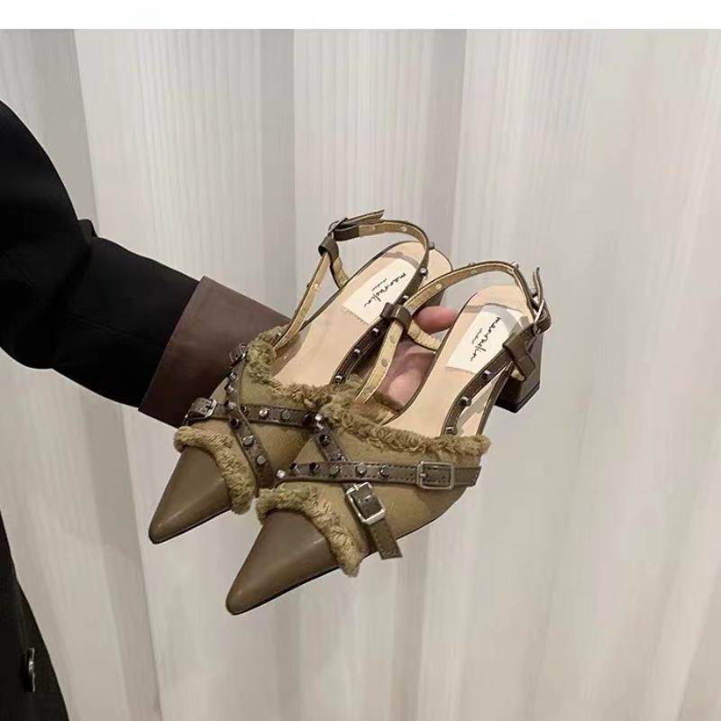 New Style Sexy Fashionable T-Strap Ladies Heels Shoes Female Slides Pointed Toe Mules Rivet Women Thin High Heels Shoes Footwear