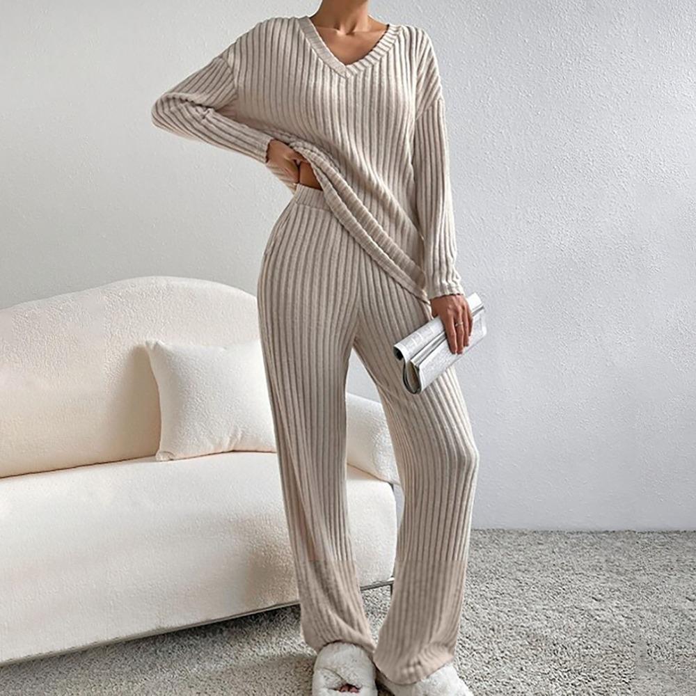 Women's Loose Knit Loungewear Set Long Sleeve V Neck Top Elastic Waist Wide Leg Pants