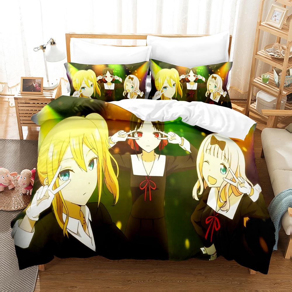 Kaguya Sama Love Is War Bedding Set 3PCS Kaguya Shinomiya Maid Outfit Red Heart Background Anime Print Duvet Cover All Sizes