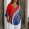 Women's V-Neck Button Three-Quarter Sleeve Casual Independence Day Print Pullover T-Shirt