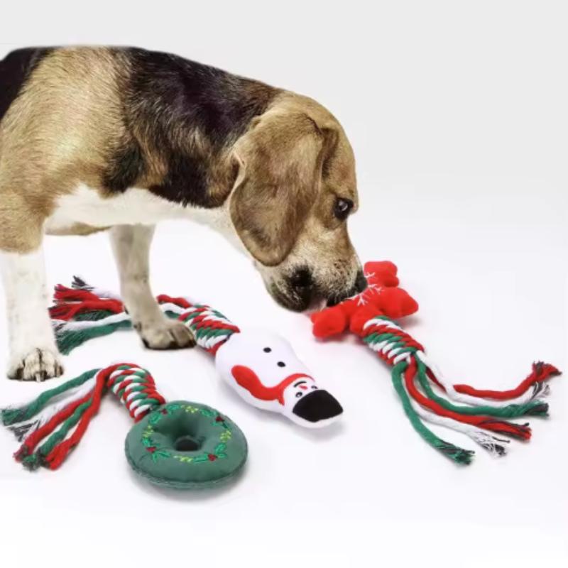 Dog Squeakey Chew Toys Christmas Cotton Ropes Knot Molar Bite Toy Funny Cute Puppies Cat Interactive Toy Xmas Gift Pets Supplie