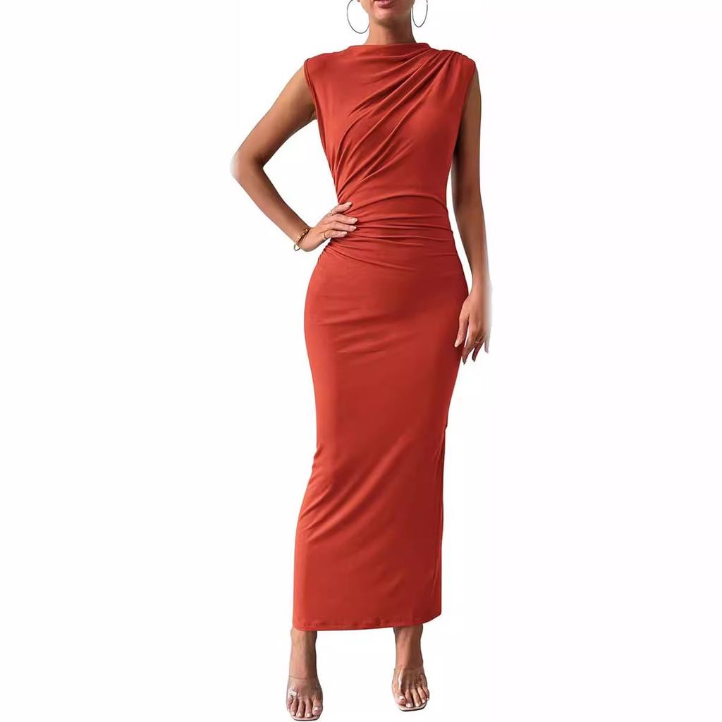 Sleeveless Back-slit Pleated Fitted Dress Women's Fashionable Elegant Tank Dress Suitable for Commuting Dates Formal Occasions