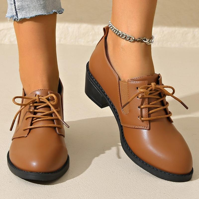 Fall 2025 New Thick-heeled Low-top Single Shoes Women's Plus-size Lace-up Retro Leather Shoes