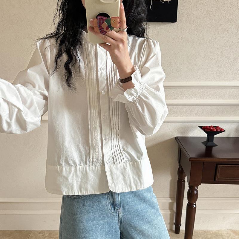 Fungus Collar White Shirt Women's Long-sleeved Spring Organ Pleated Design Top Small Cotton Shirt
