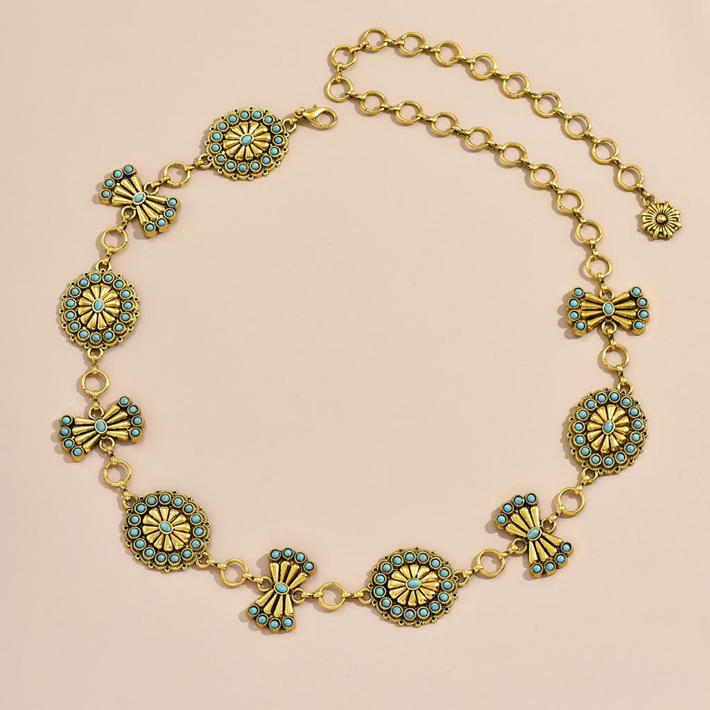 Autumn And Winter Metal Waist Belt With Turquoise Embellishment And Elegant Carving For Women золотой