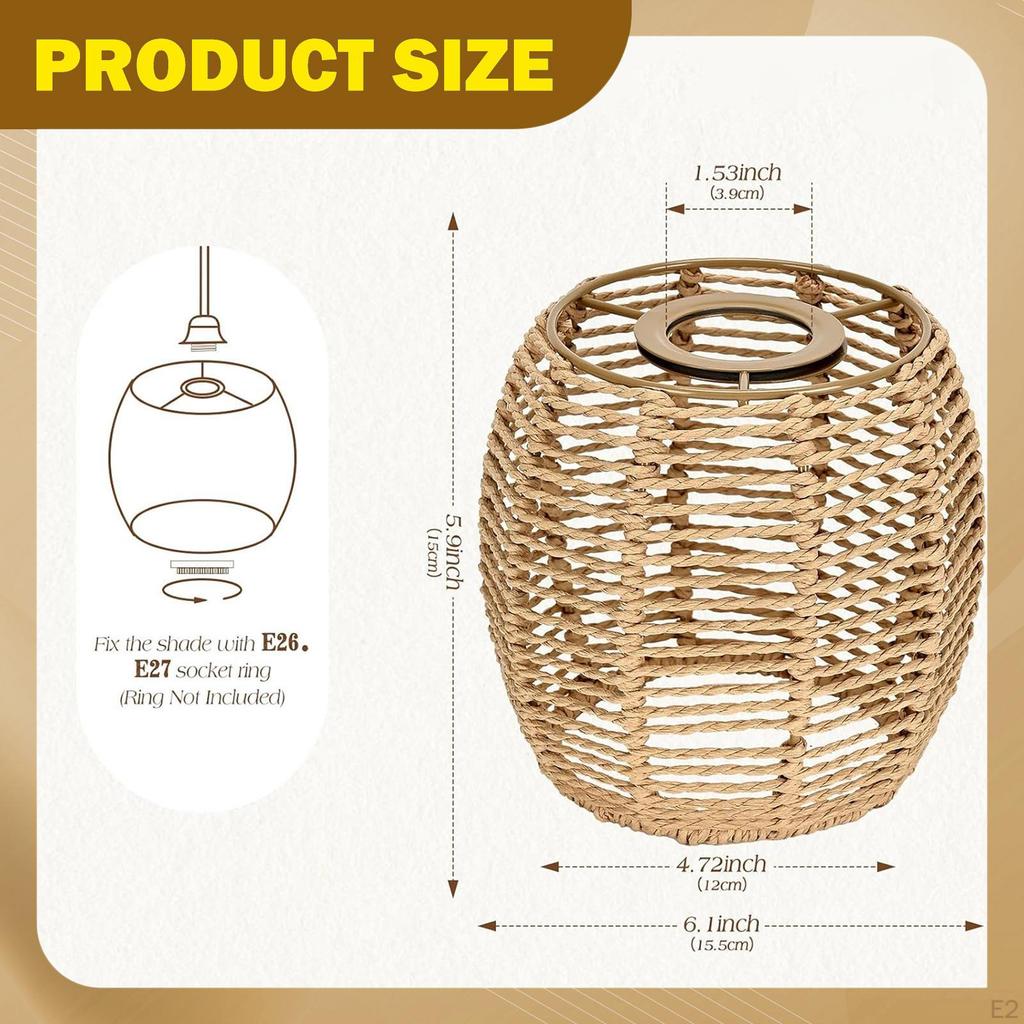 Rattan Lamp Shade Hanging Light Cover E27 E26 Compatible Farmhouse Casual Pendant Only